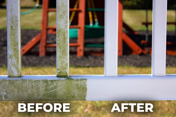 Dirty vinyl fence section next to freshly washed section with before and after text beneath each section respectively