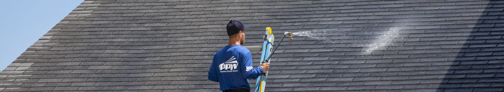Perfect Power Wash technician performing a soft wash roof treatment to remove roof streaks caused by Gloeocapsa Magma.